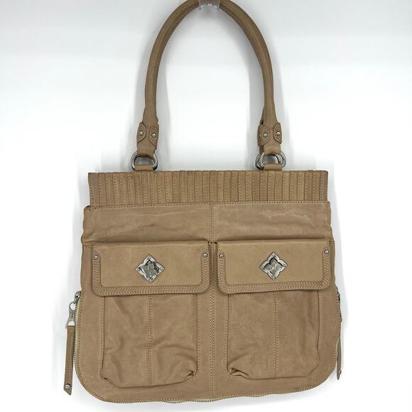 BCBG MAX AZRIA Tan Leather Handbag Purse Satchel with Double Handle - Picture 1 of 10